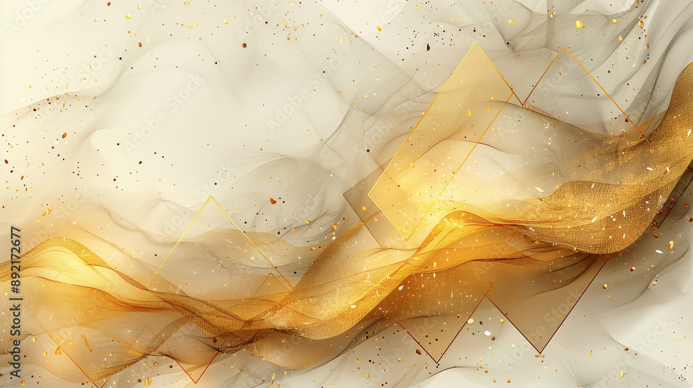 Poster golden abstract waves with geometric shapes..