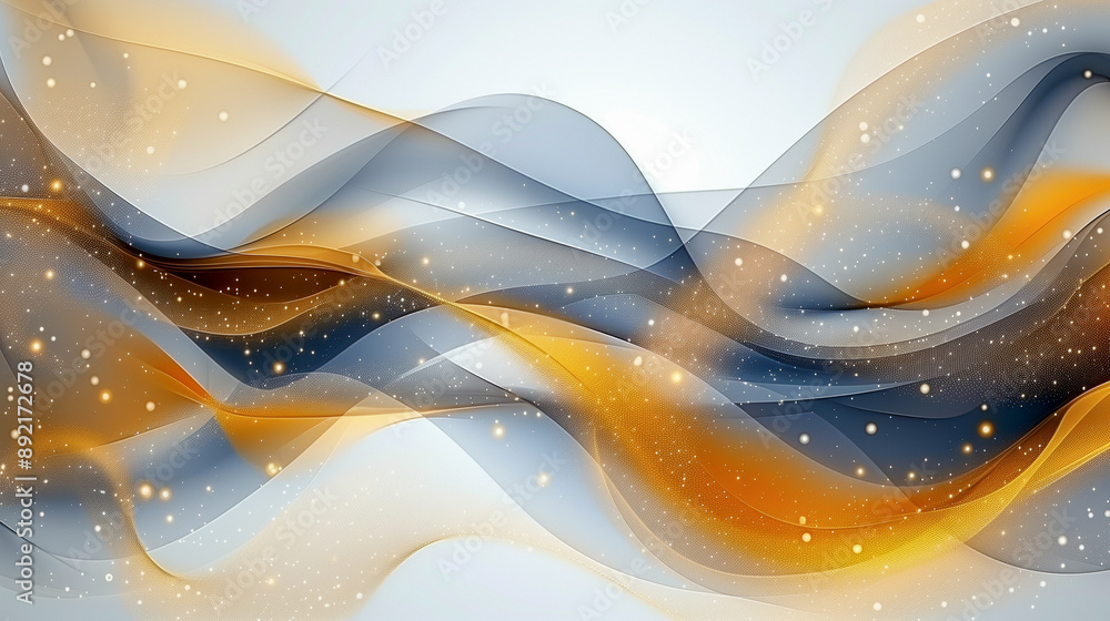 Poster flowing abstract waves with gold and blue highlights..