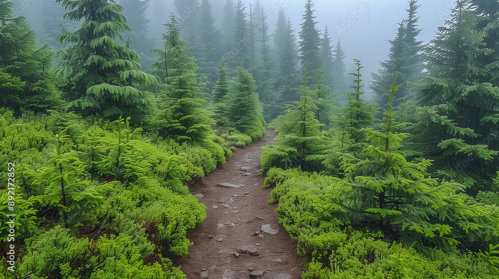 Poster misty forest pathway through evergreen trees..