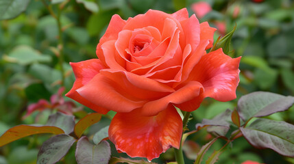 profusely blooming scarlet floribunda rose in the garden close up