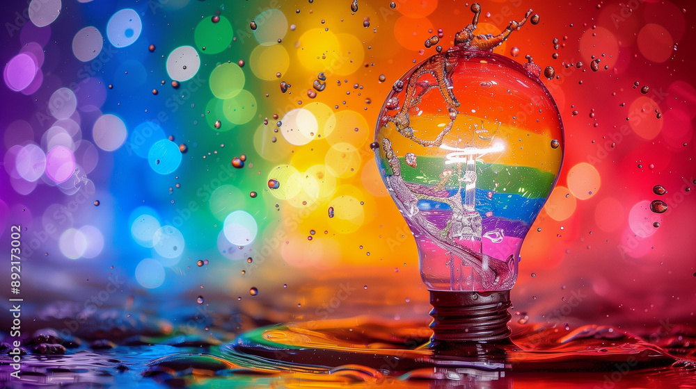 Poster rainbow light bulb with splashing water drops..