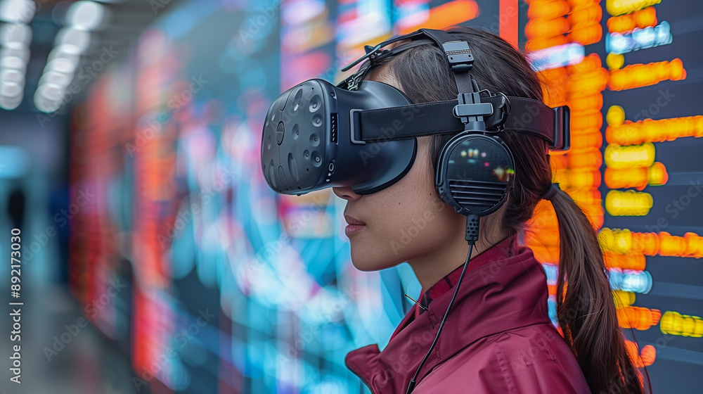 Aufkleber woman using virtual reality headset in a high-tech environment..