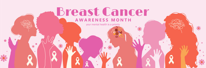 Breast Cancer Awareness Month banner with woman silhouette