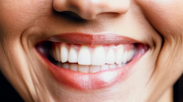 Female smile close up. Teeth whitening and treatment procedure. Dental health. Ideal perfect orthodontic bite. Dentistry closeup. Oral hygiene. Beautiful woman lips. Happy person smiling. Macro shot.
