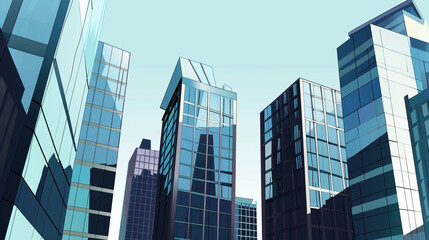Obraz premium illustrations showcasing futuristic skyscrapers with sleek, modern designs. The buildings feature reflective glass facades and are set against clear blue skies, creating a vision of advanced urban arc