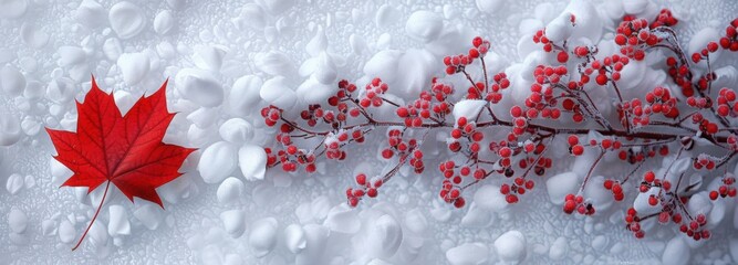 A lone red maple leaf and a branch of red berries lie in the snow, creating a colorful contrast against the white background