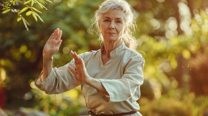 A middle-aged woman practicing tai chi in a serene garden - Powered by Adobe