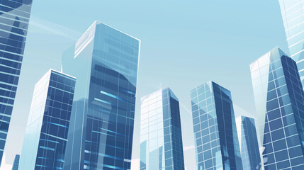 Fototapeta premium illustrations showcasing futuristic skyscrapers with sleek, modern designs. The buildings feature reflective glass facades and are set against clear blue skies, creating a vision of advanced urban arc