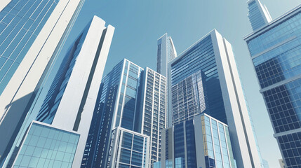 Obraz premium illustrations showcasing futuristic skyscrapers with sleek, modern designs. The buildings feature reflective glass facades and are set against clear blue skies, creating a vision of advanced urban arc
