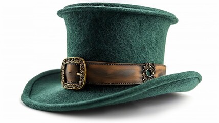 Green felt top hat with brown leather band and buckle