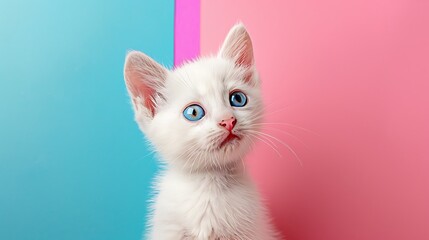 Obraz premium small white kitten curl with ears back and blue eyes tilted his head isolated on colorful background