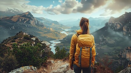 A Gen X woman hiking alone on a rugged mountain trail