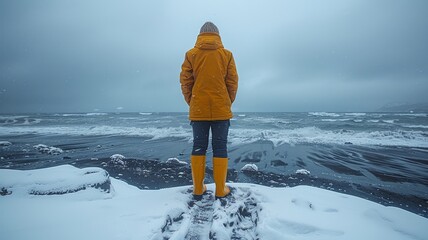Person in yellow jacket standing on snowy beach facing the ocean