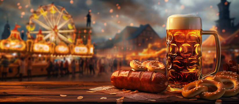 Oktoberfest German Celebration Product Display: Beer, Wei&szlig;wurst & Pretzel Tabletop - funfare canival background
