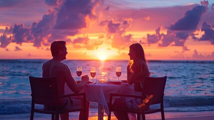 A Gen X couple enjoying a romantic sunset dinner on a beach