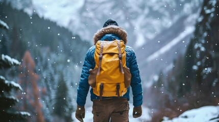 A Gen X man hiking with a backpack through a snowy mountain trail