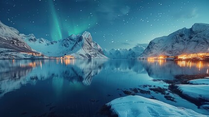 Norway. Aurora borealis. Scenery with bright. Northern lights, snowy mountains