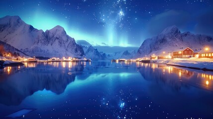 Norway. Aurora borealis. Scenery with bright. Northern lights, snowy mountains