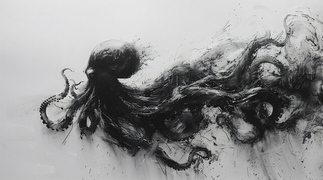Abstract ink illustration of a octopus black and white background