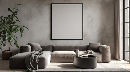 modern living room interiors featuring cozy beige sofas, minimalist decor, and large, framed blank canvases on the walls. The spaces are bright and inviting, with natural light and greenery adding a t