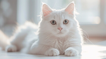 A serene white cat sitting on a clean white table, creating a peaceful and modern atmosphere.