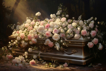 An empty casket is full of pink and white roses, its golden light reflecting a somber mood and life force.