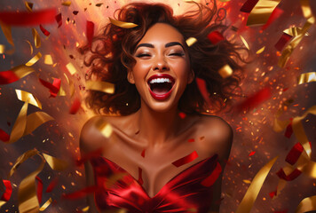 Beautiful women show happy faces, flying confetti at a surprised party, their youthful energy apparent in red and gold.