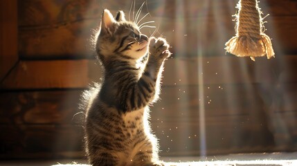 tabby young kitten grabs in his paws a toy and trying to scratch it in day light