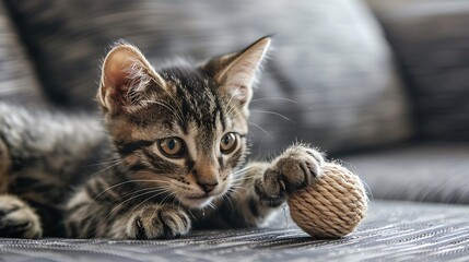 tabby young kitten grabs in his paws a toy and trying to scratch it in day light funny cat is playing on the sofa with toy
