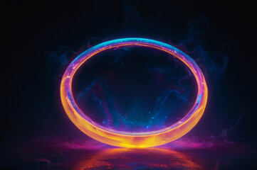 A multicolored neon circle in a dark space.

