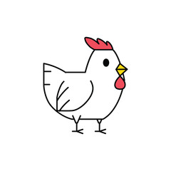Cute cartoon white chicken, white rooster, chicken bird isolated on white background. Bird farm animal concept icon. Vector illustration.