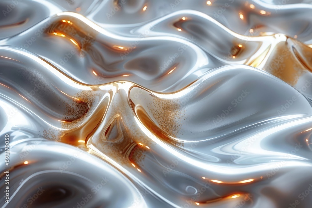 Poster abstract close-up of shiny metallic surface with smooth, wavy reflections and golden highlights, cre