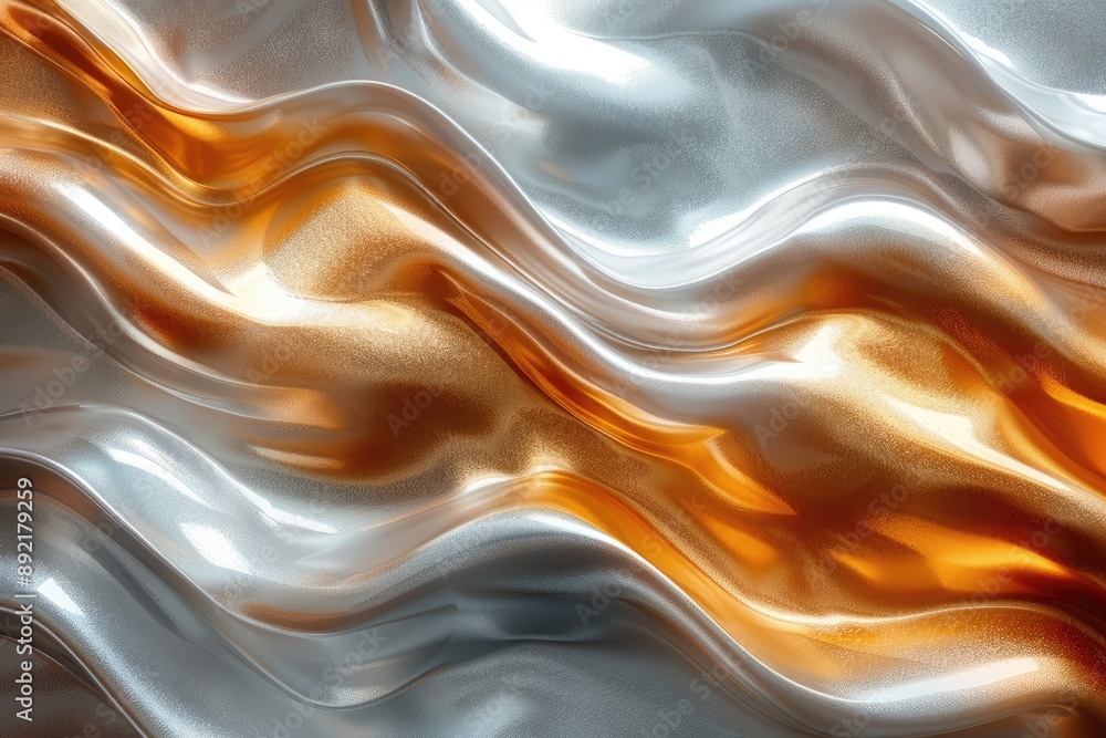 Poster abstract wavy metallic texture with silver and copper tones, creating a smooth flowing design perfec