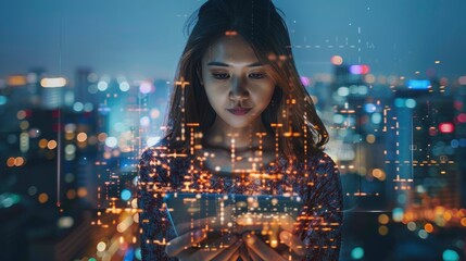 Close-up of a young woman using a digital tablet with a cityscape in the background