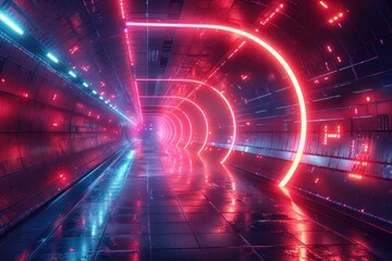 Obraz premium Futuristic neon-lit tunnel with reflective surfaces, creating a vibrant and colorful sci-fi atmosphere. Perfect for technology-themed projects.