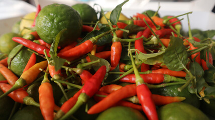 bunch of fresh chilies taken from top view.