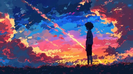 Boy standing under a vibrant, colorful sunset sky
