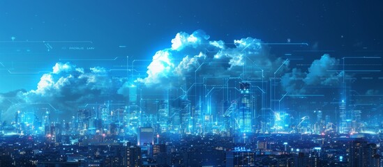 Obraz premium Futuristic Smart Cyber City illustration: Innovative Urban Landscape, futuristic technology and cyber punk concept, Graphic Resources, Wallpapers, Brochure, Websites, banner, Advertising, background
