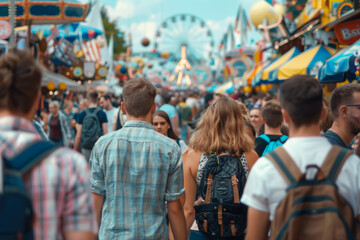 A crowd enjoying the festive and colorful atmosphere of Oktoberfest, with a Ferris wheel and numerous stalls in the background. The bustling scene captures the energy and excitement of the event.