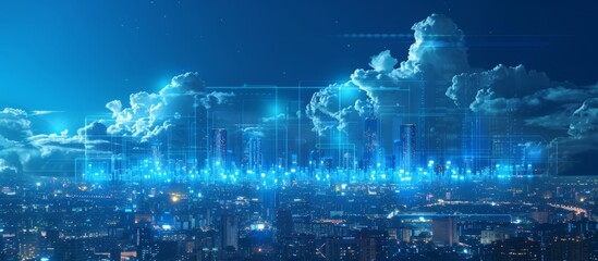 Fototapeta premium Futuristic Smart Cyber City illustration: Innovative Urban Landscape, futuristic technology and cyber punk concept, Graphic Resources, Wallpapers, Brochure, Websites, banner, Advertising, background