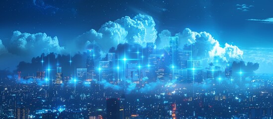 Obraz premium Futuristic Smart Cyber City illustration: Innovative Urban Landscape, futuristic technology and cyber punk concept, Graphic Resources, Wallpapers, Brochure, Websites, banner, Advertising, background