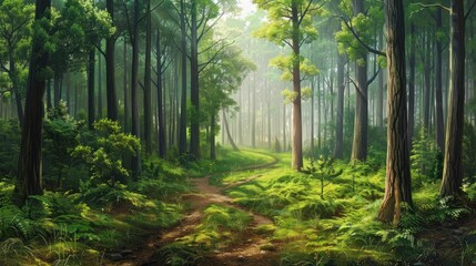 Fototapeta premium A serene forest pathway bathed in soft sunlight.