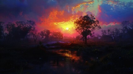 Colorful sunset over serene landscape with water body.