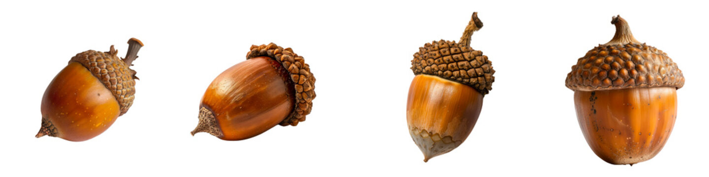 Collection of acorn isolated on transparent background.