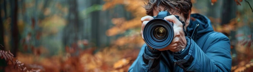 Photographer in a forest during autumn, capturing scenic beauty with a professional camera amidst colorful foliage.