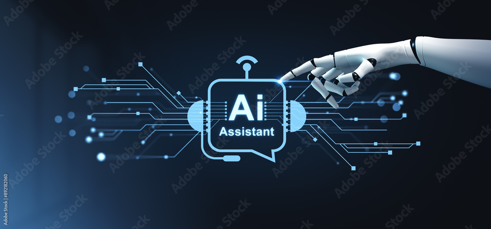 Poster robot finger touch digital ai assistant hologram with abstract circuit lines