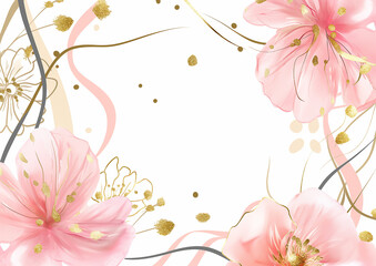 Fototapeta premium abstract art background vector with pink flowers and golden elements, watercolor pink flowers and gold geometric shapes decoration