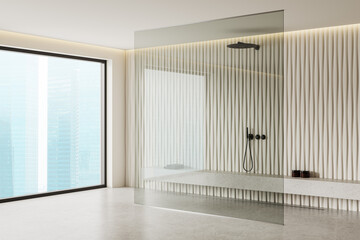 Light hotel bathroom interior with glass shower and panoramic window