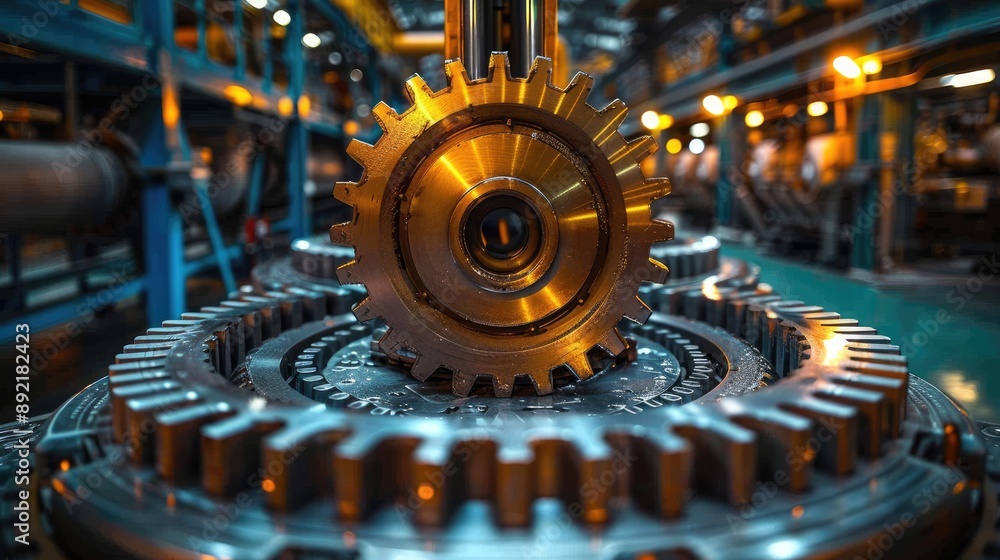 Poster close-up of large interlocking gears in an industrial setting, showcasing the precision and complexi