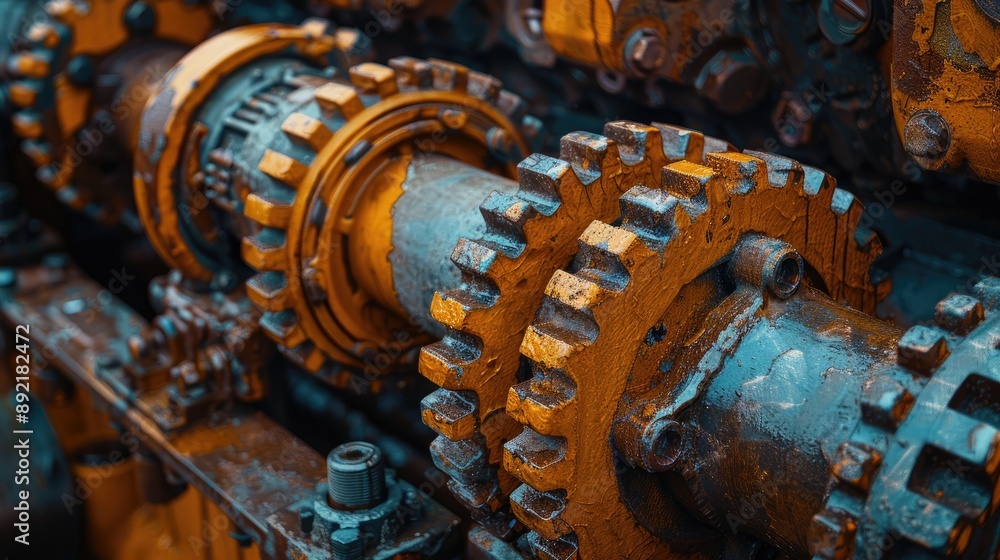Poster close-up photo of interconnected rusty gears and machinery components, showing intricate details and